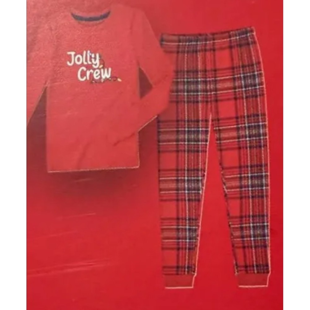 Member's Mark boys girls Pajama Set Sz 8 Jolly Crew Red Plaid 2 Pc Holiday PJs